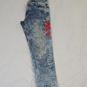 Acid Wash Skinny Jeans with Red Floral Detail